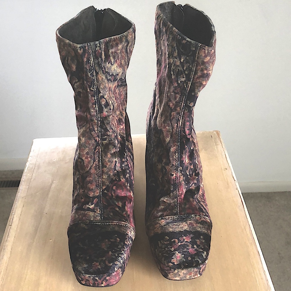 70s Style Velvet Tapestry Platform Booties, 7
